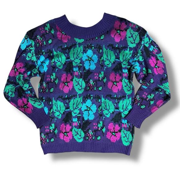 Vintage wool blend Purple and green bright retro floral Crew Neck Sweater padded - Picture 1 of 8